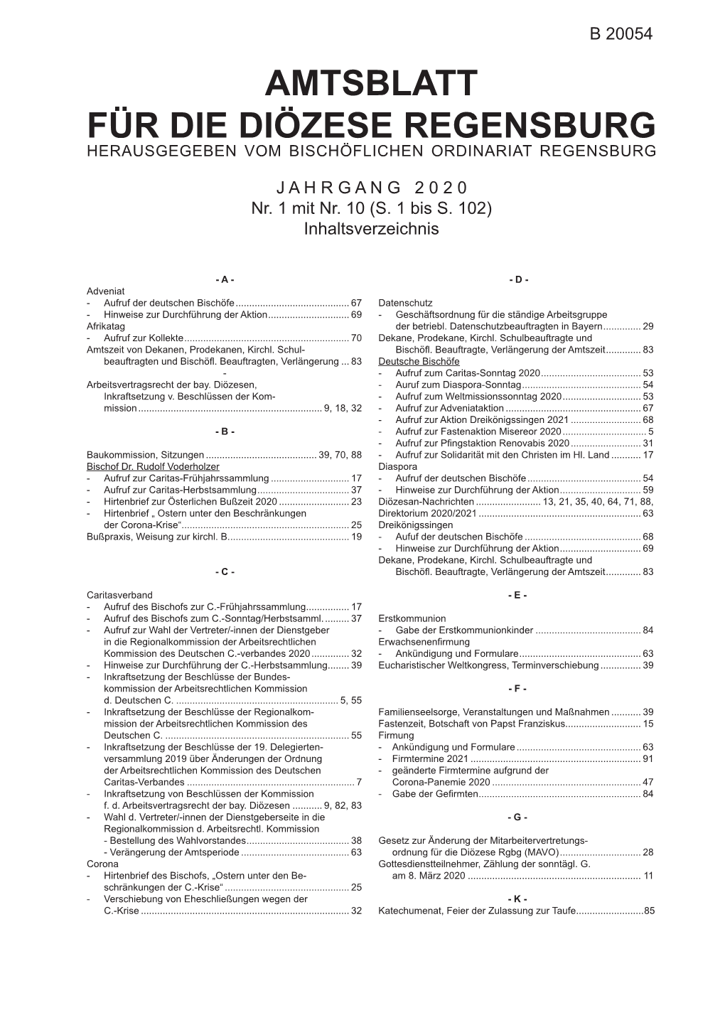 Amtsblatt Für Die Diözese Regensburg Herausgegeben Vom Bischöflichen Ordinariat Regensburg