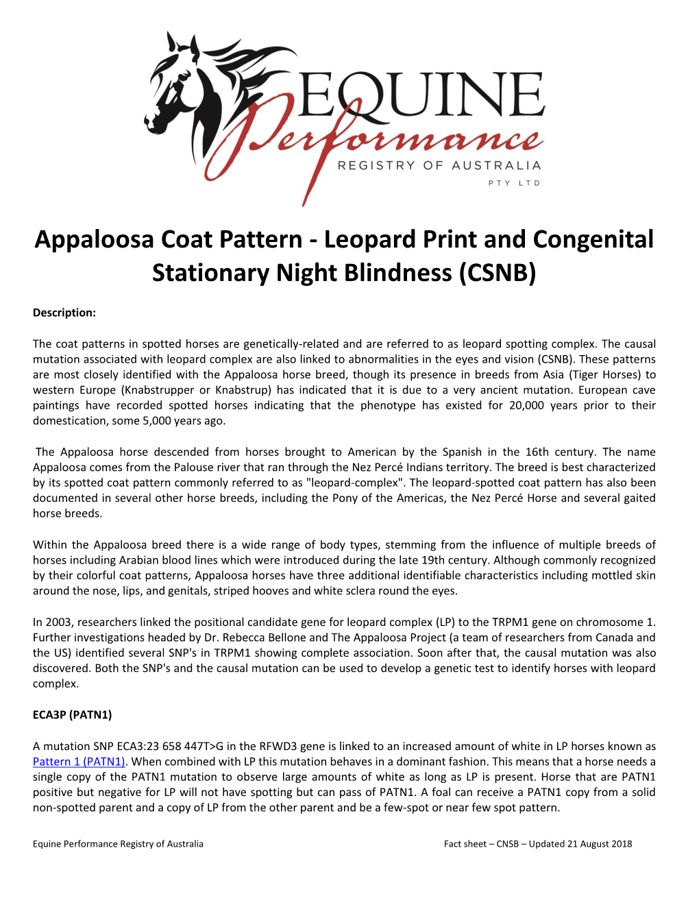 Appaloosa Coat Pattern - Leopard Print and Congenital Stationary Night Blindness (CSNB)