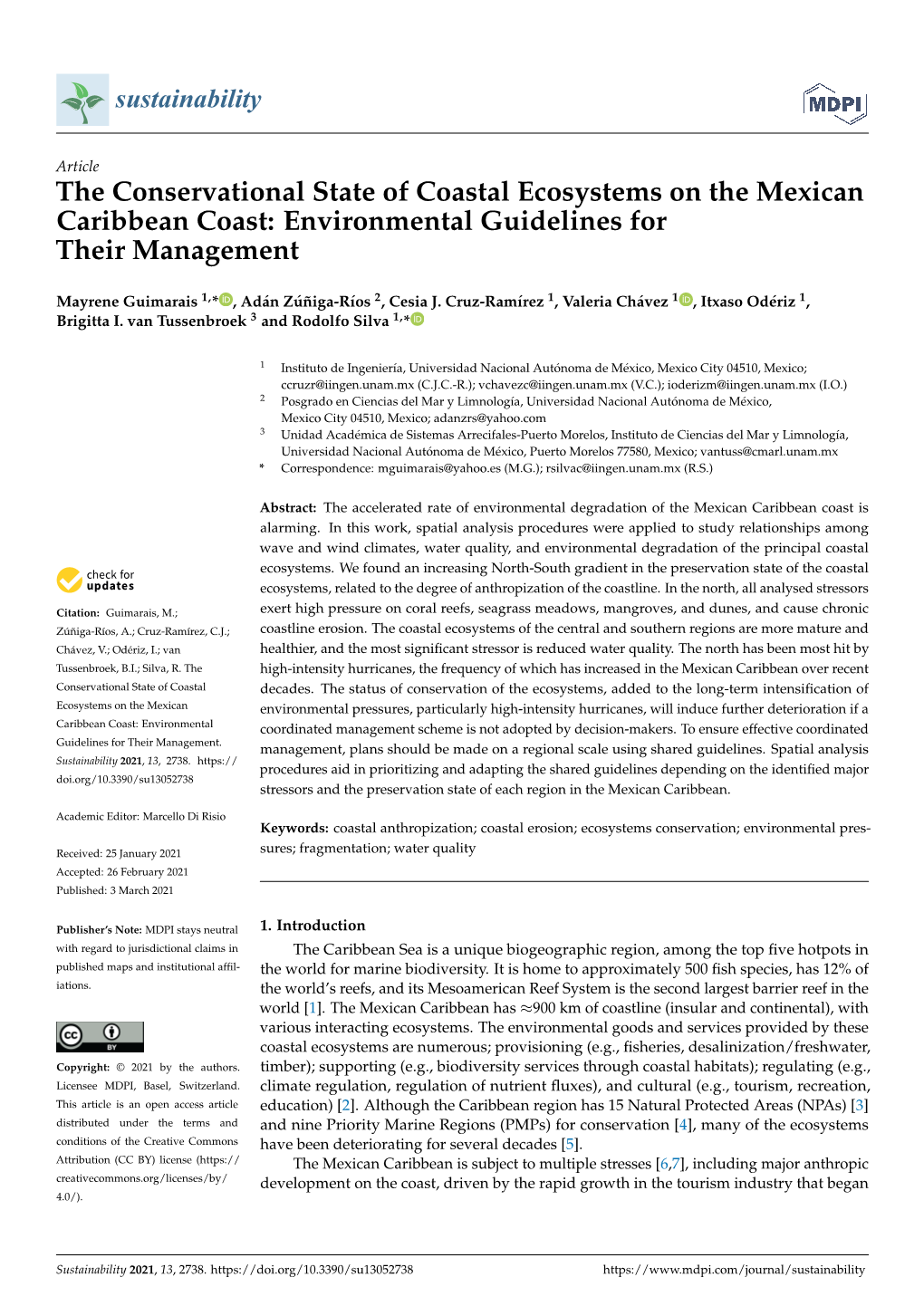 The Conservational State of Coastal Ecosystems on the Mexican Caribbean Coast: Environmental Guidelines for Their Management