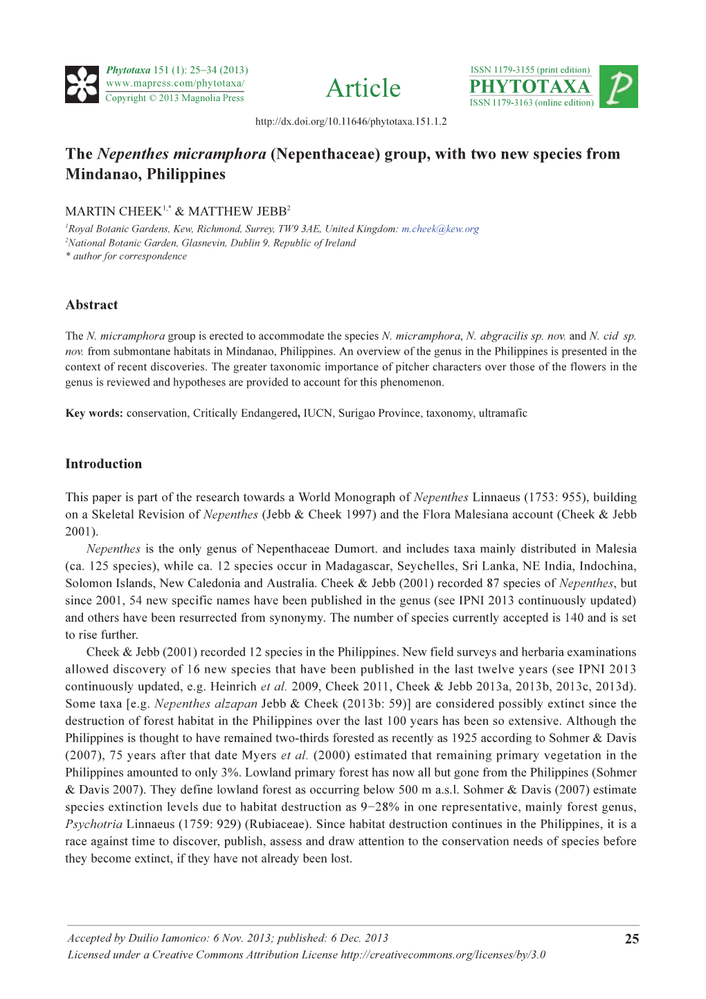 The Nepenthes Micramphora (Nepenthaceae) Group, with Two New Species from Mindanao, Philippines