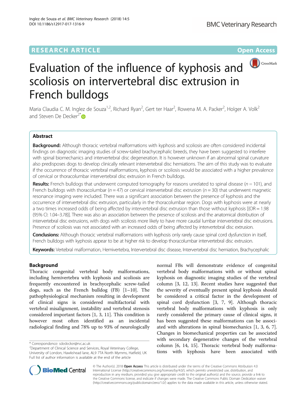 Evaluation of the Influence of Kyphosis and Scoliosis on Intervertebral Disc Extrusion in French Bulldogs Maria Claudia C