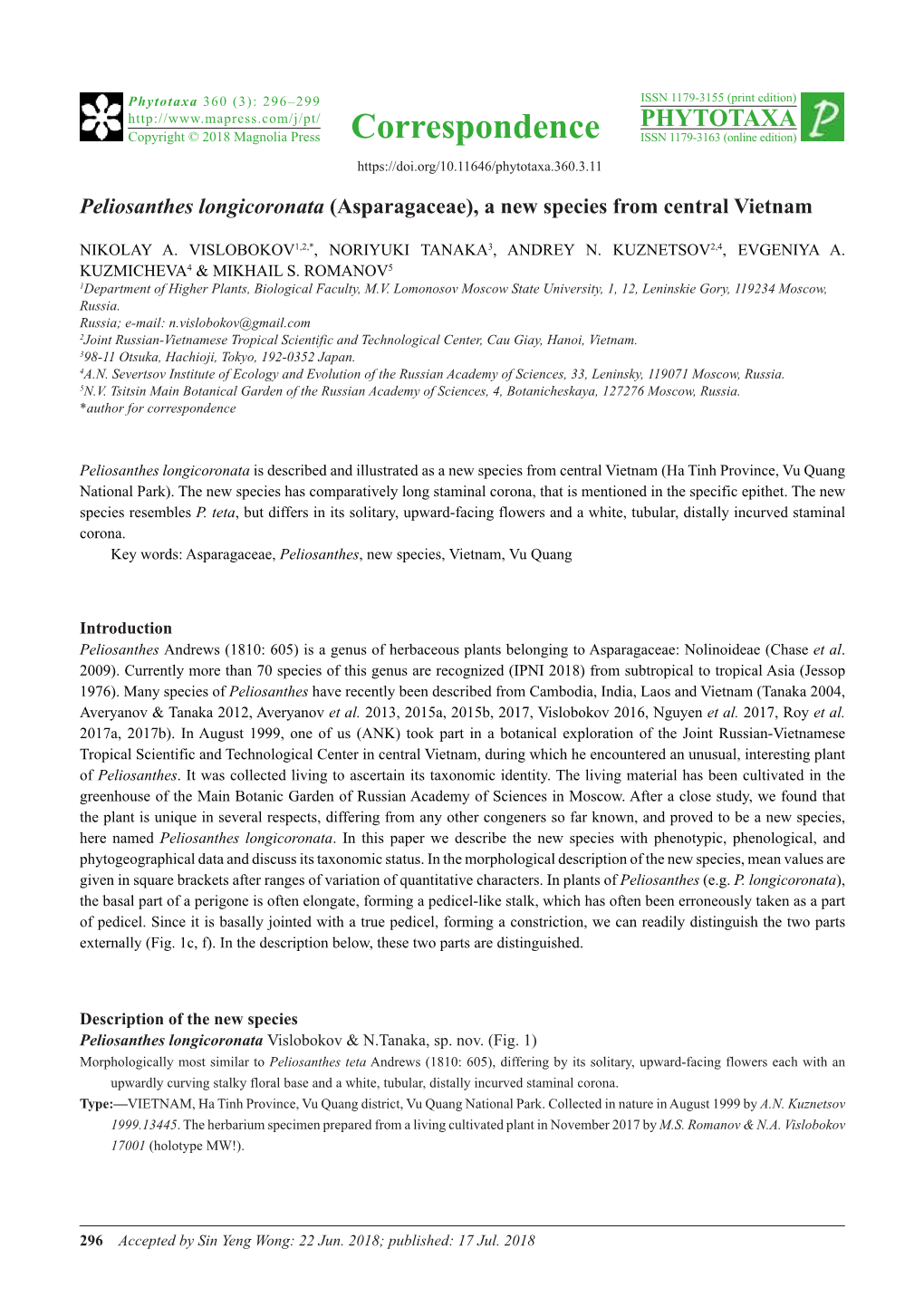 Peliosanthes Longicoronata (Asparagaceae), a New Species from Central Vietnam