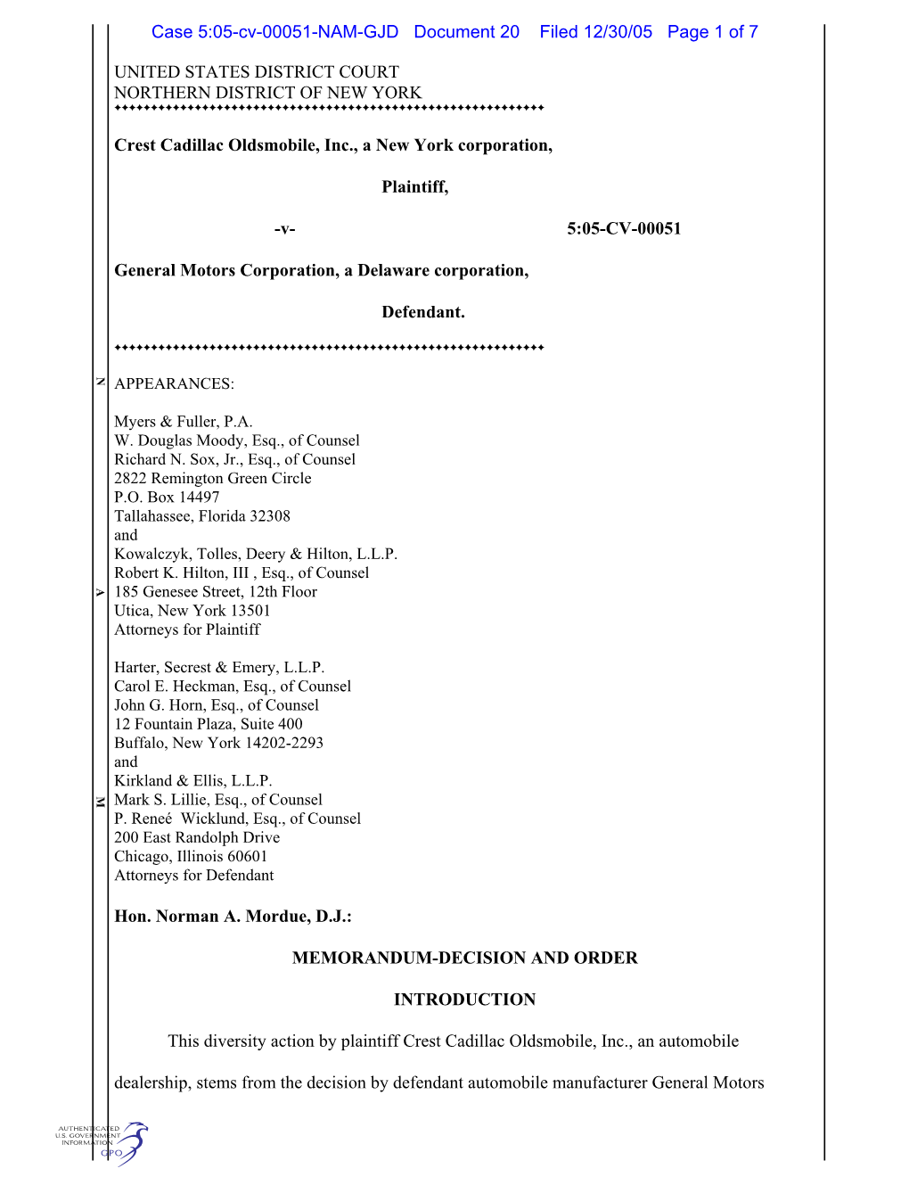 UNITED STATES DISTRICT COURT NORTHERN DISTRICT of NEW YORK Crest Cadillac Oldsmobile, Inc., a New York Corporation, Plaintiff,