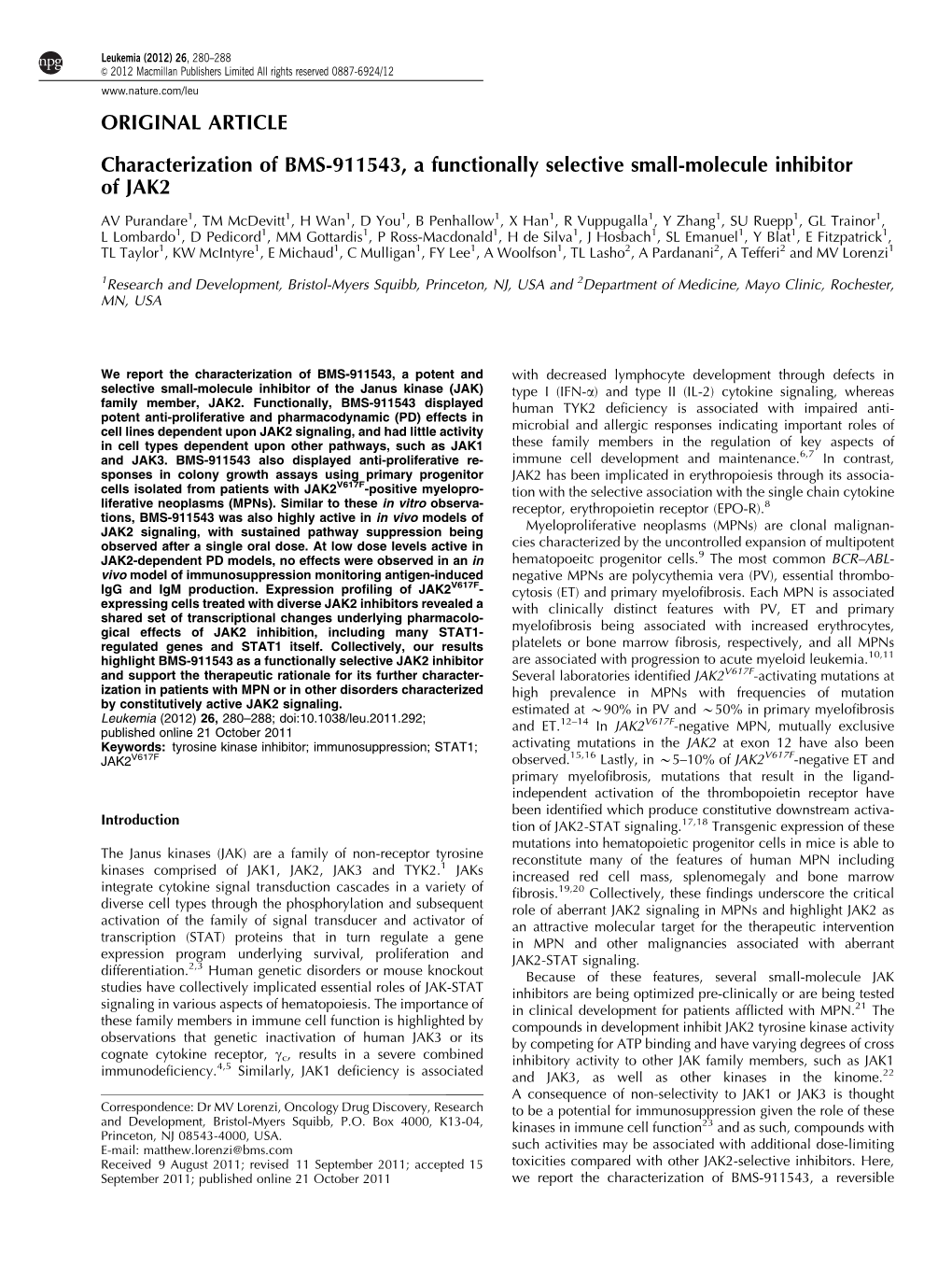 Characterization of BMS-911543, a Functionally Selective Small-Molecule Inhibitor of JAK2