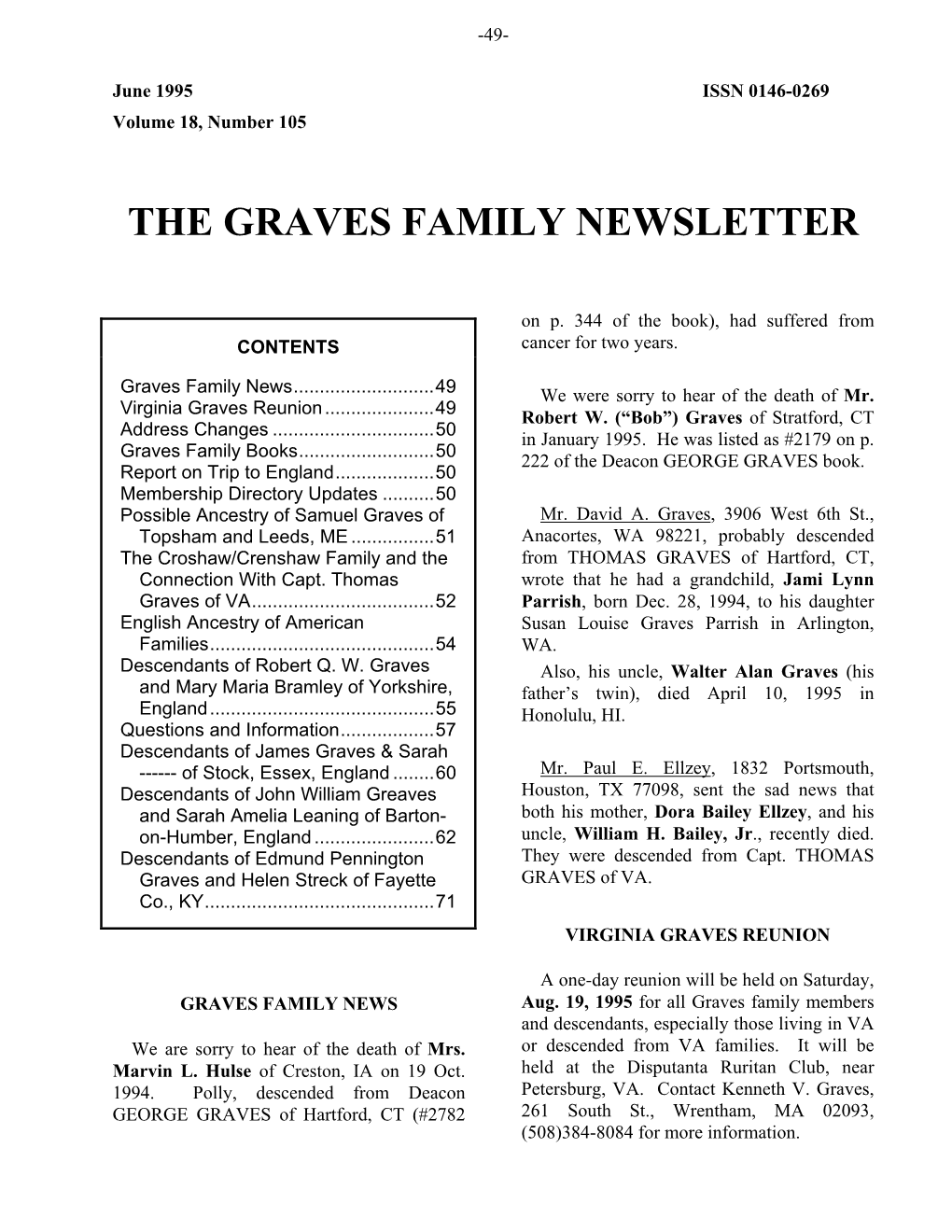 Graves Family Newsletter, June 1995