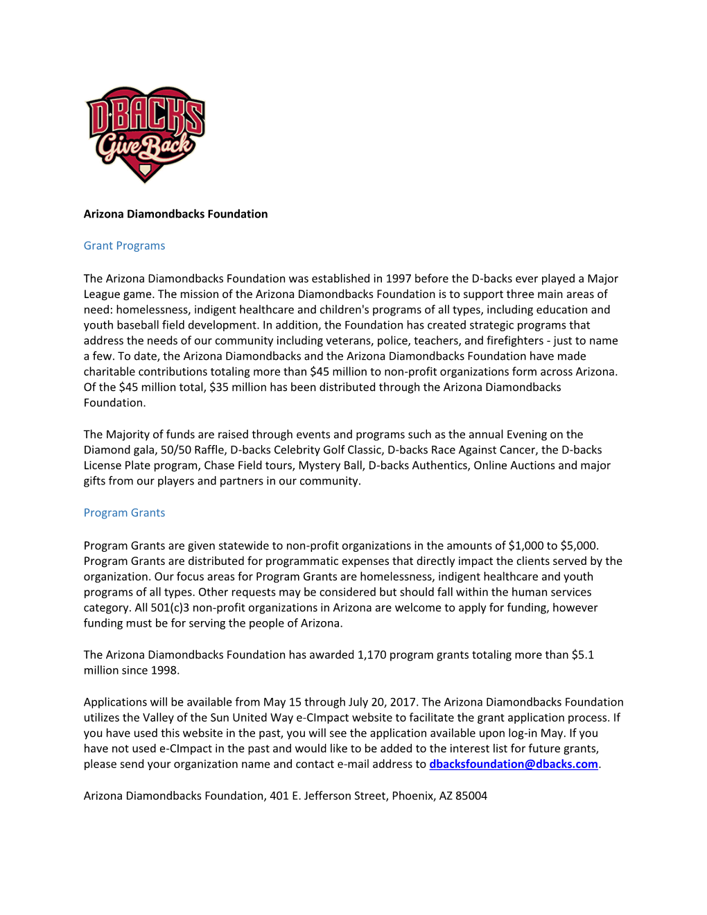 Arizona Diamondbacks Foundation Grant Programs the Arizona