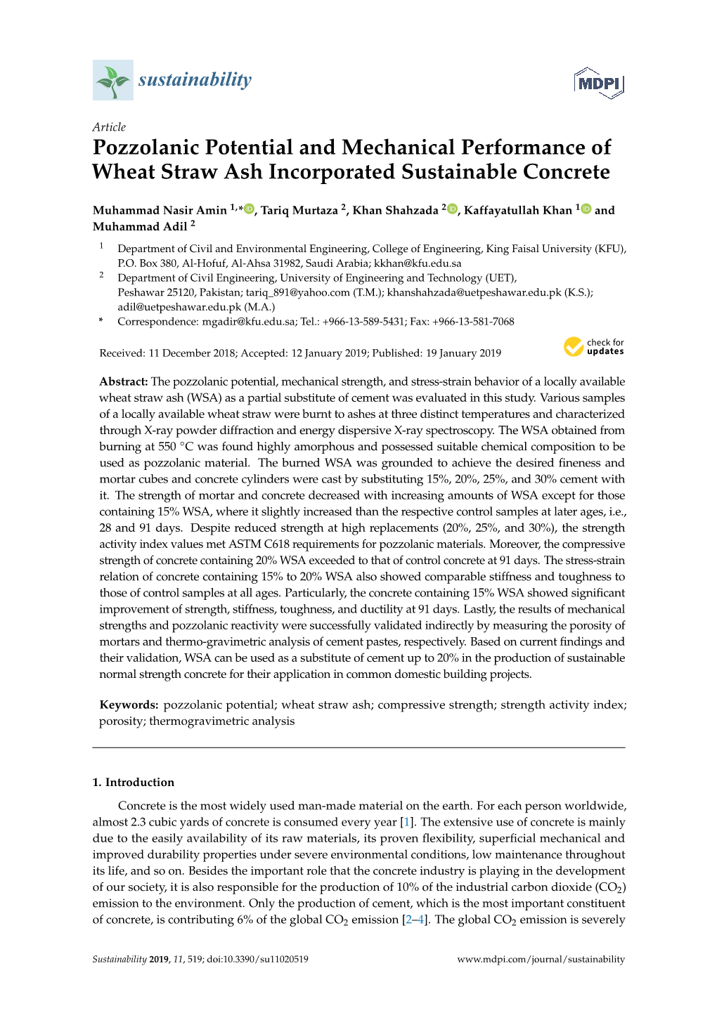 Pozzolanic Potential and Mechanical Performance of Wheat Straw Ash Incorporated Sustainable Concrete