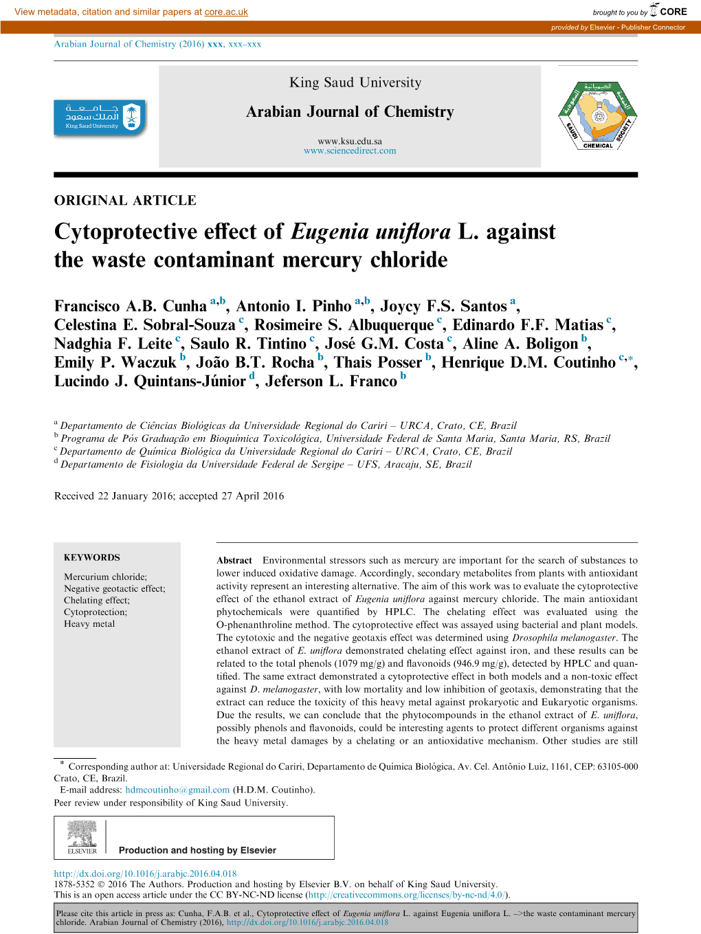 Cytoprotective Effect of Eugenia Uniflora L. Against the Waste