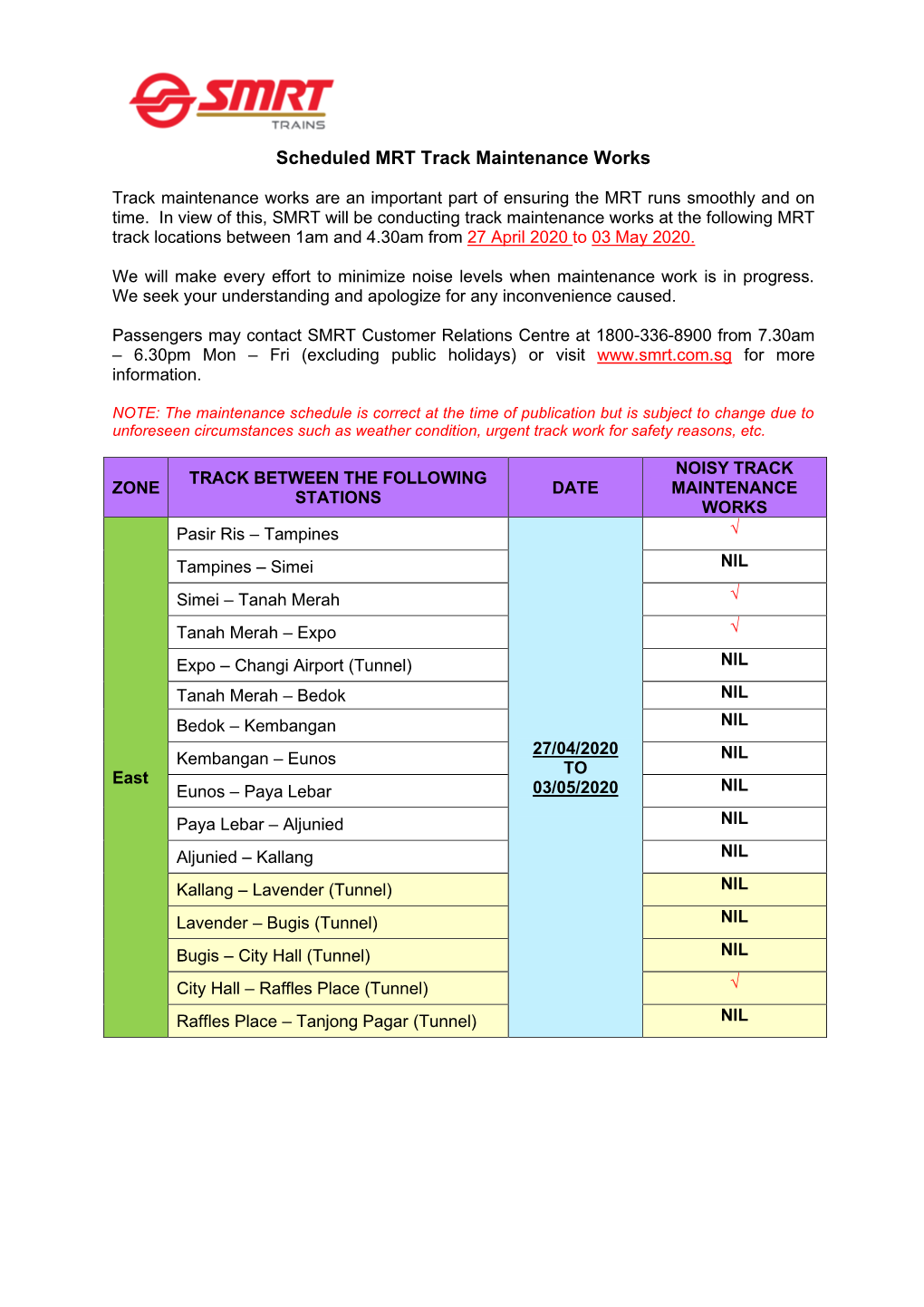 Scheduled MRT Track Maintenance Works