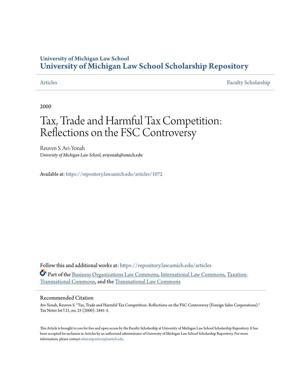 Tax, Trade and Harmful Tax Competition: Reflections on the FSC Controversy Reuven S