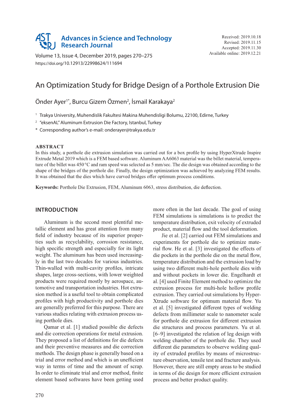 An Optimization Study for Bridge Design of a Porthole Extrusion Die