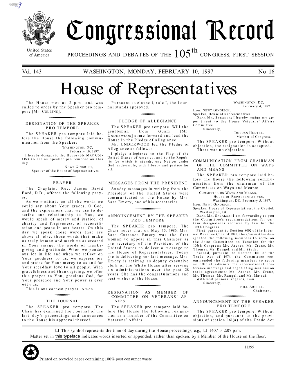 Congressional Record United States Th of America PROCEEDINGS and DEBATES of the 105 CONGRESS, FIRST SESSION