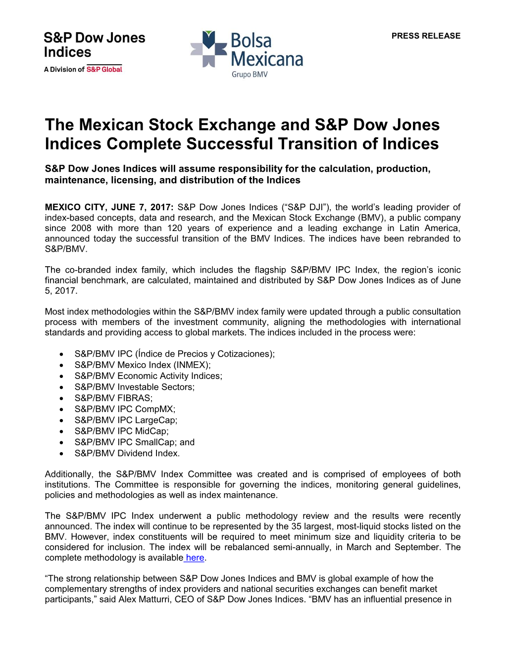 The Mexican Stock Exchange and S&P Dow Jones Indices Complete