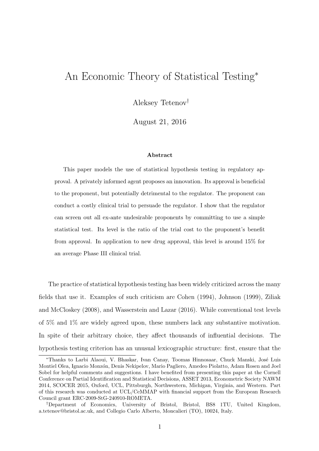 An Economic Theory of Statistical Testing∗