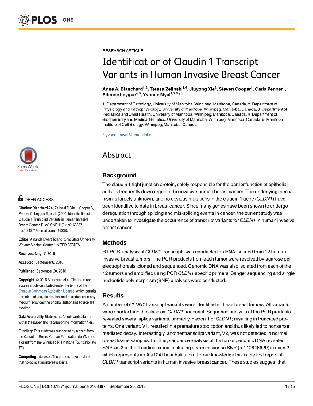 Identification of Claudin 1 Transcript Variants in Human Invasive Breast Cancer