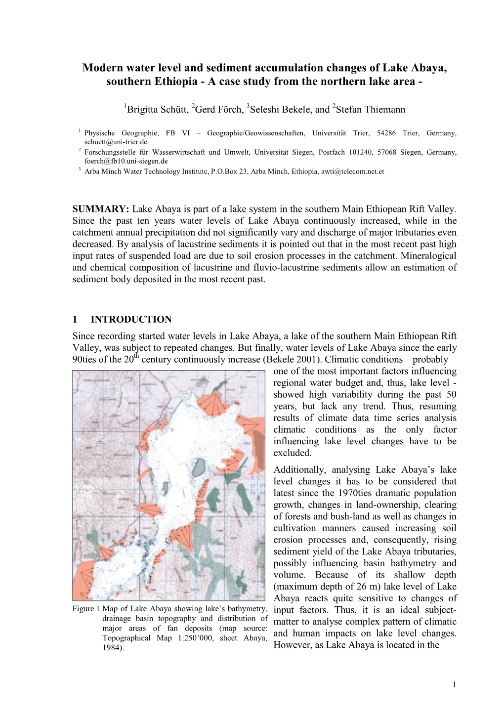 Modern Water Level and Sediment Accumulation Changes of Lake Abaya, Southern Ethiopia - a Case Study from the Northern Lake Area