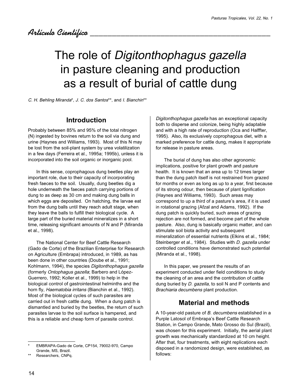 The Role of Digitonthophagus Gazella in Pasture Cleaning and Production As a Result of Burial of Cattle Dung