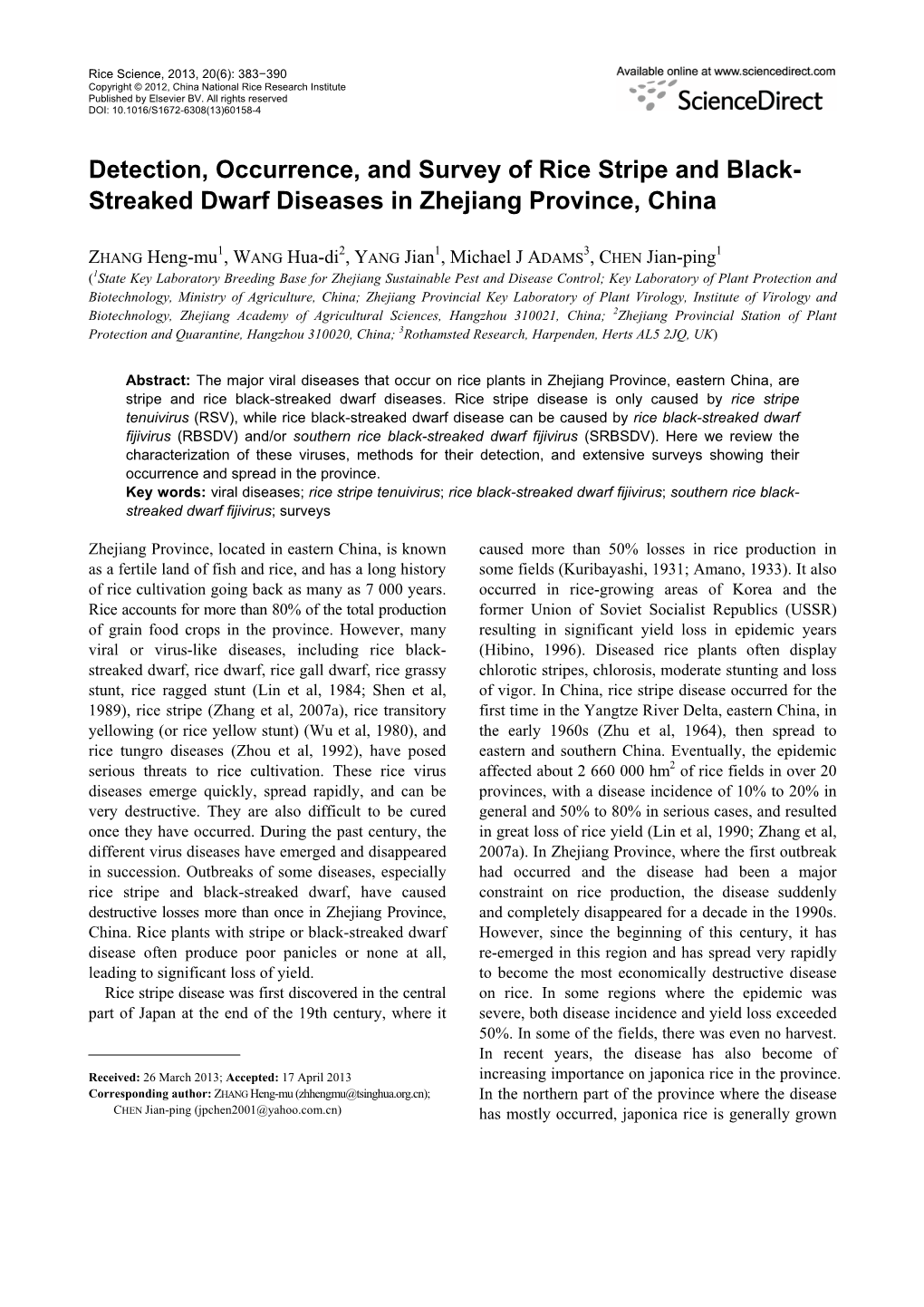 Detection, Occurrence, and Survey of Rice Stripe and Black-Streaked Dwarf Diseases in Zhejiang Province, China