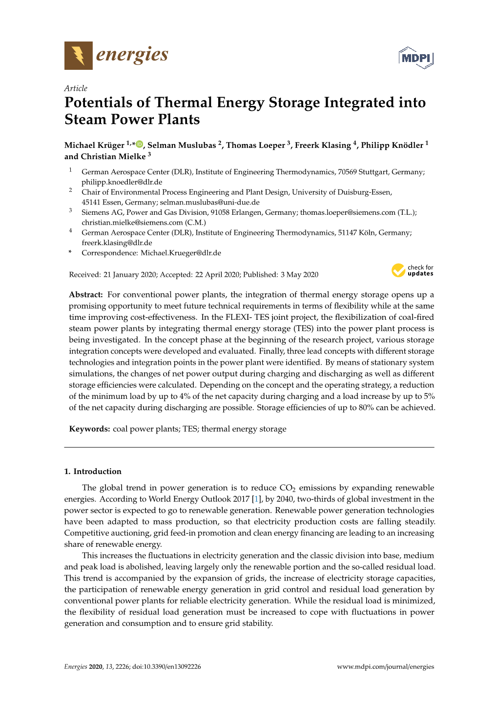 Potentials of Thermal Energy Storage Integrated Into Steam Power Plants