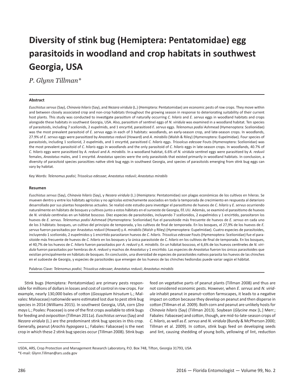 Diversity of Stink Bug (Hemiptera: Pentatomidae) Egg Parasitoids in Woodland and Crop Habitats in Southwest Georgia, USA P