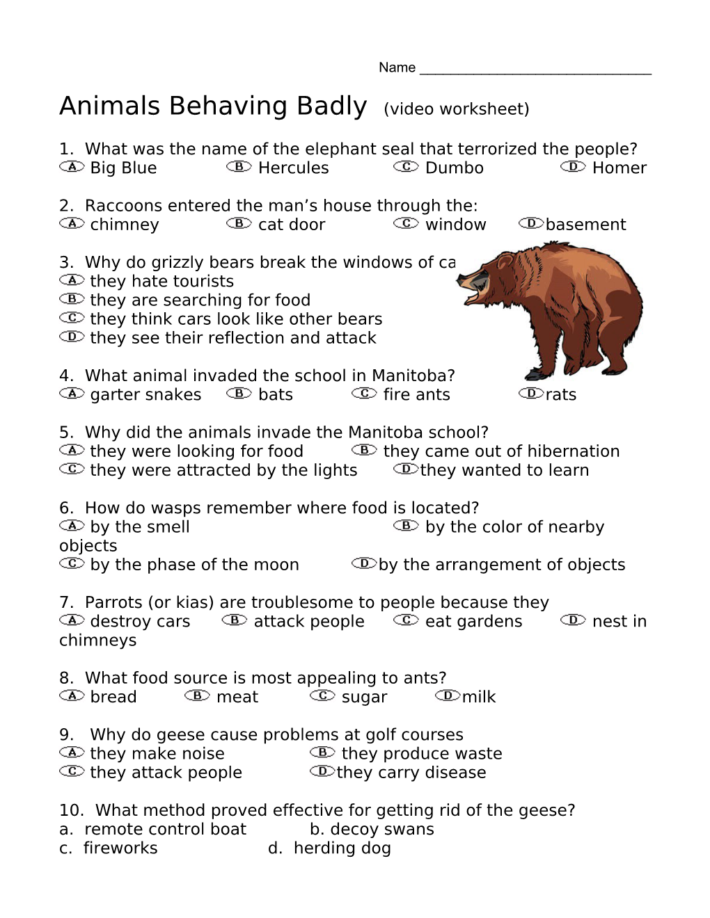 Animals Behaving Badly (Video Worksheet)