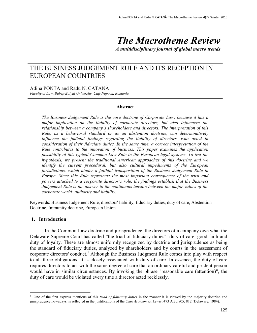 The Business Judgement Rule and Its Reception in European Countries