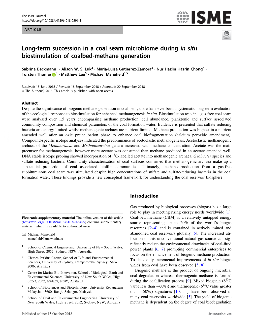 Long-Term Succession in a Coal Seam Microbiome During in Situ Biostimulation of Coalbed-Methane Generation