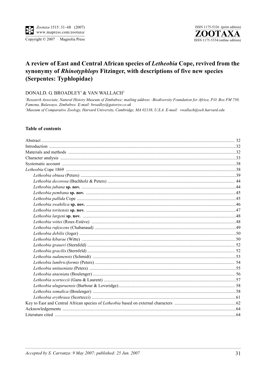 Zootaxa,A Review of East and Central African Species of Letheobia Cope