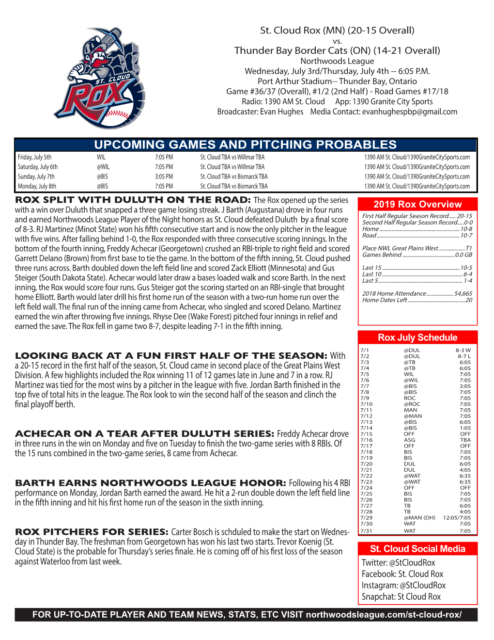 UPCOMING GAMES and PITCHING PROBABLES Friday, July 5Th WIL 7:05 PM St