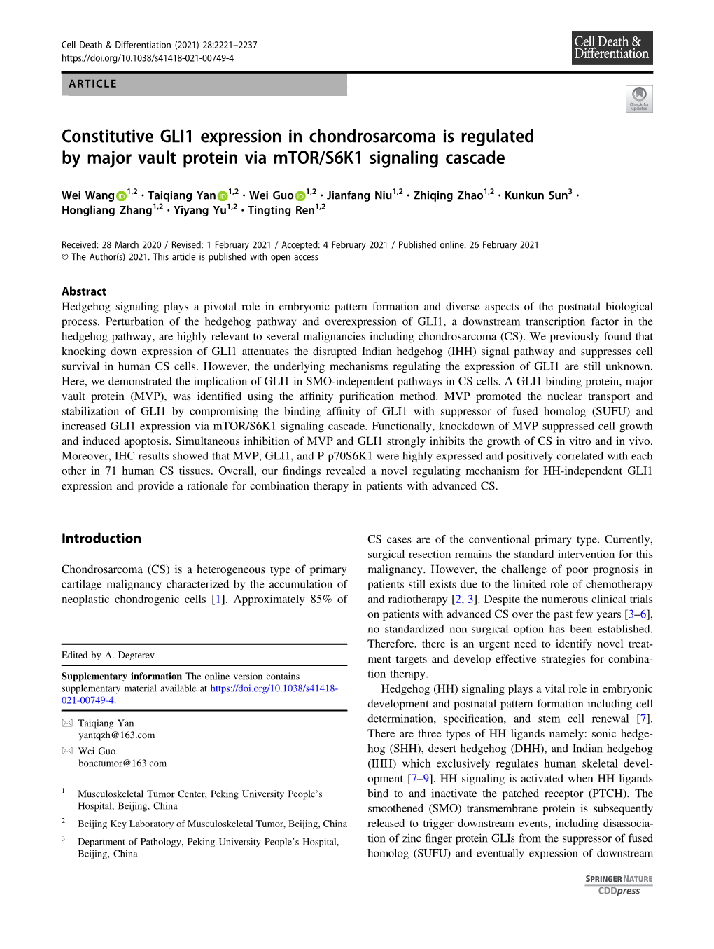 Constitutive GLI1 Expression in Chondrosarcoma Is Regulated by Major Vault Protein Via Mtor/S6K1 Signaling Cascade