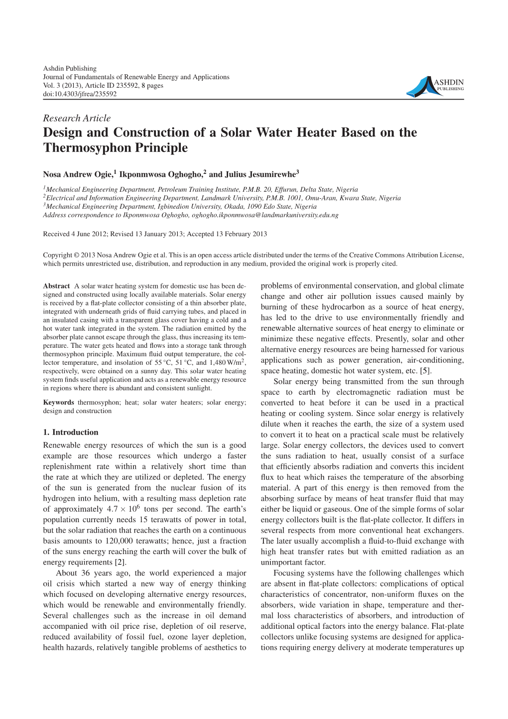 Design and Construction of a Solar Water Heater Based on the Thermosyphon Principle