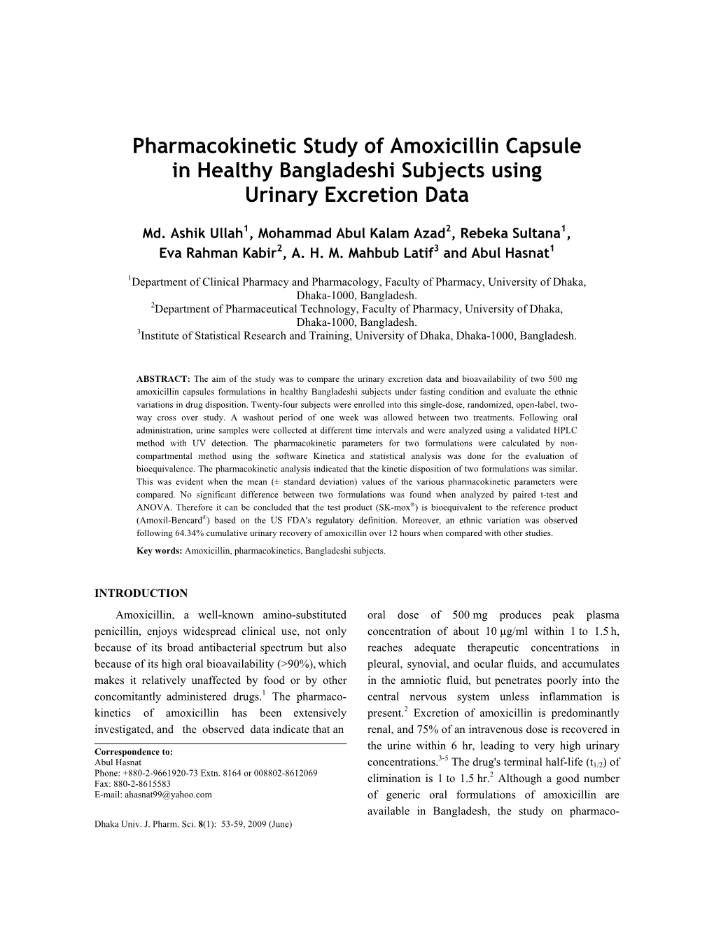 Pharmacokinetic Study of Amoxicillin Capsule in Healthy Bangladeshi Subjects Using Urinary Excretion Data