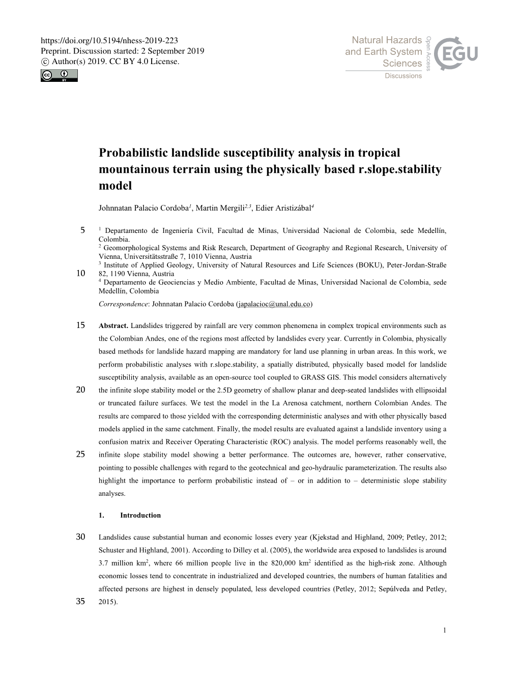 Probabilistic Landslide Susceptibility Analysis in Tropical Mountainous Terrain Using the Physically Based R.Slope.Stability Model