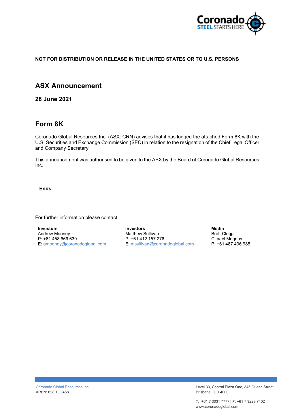 ASX Announcement Form 8K