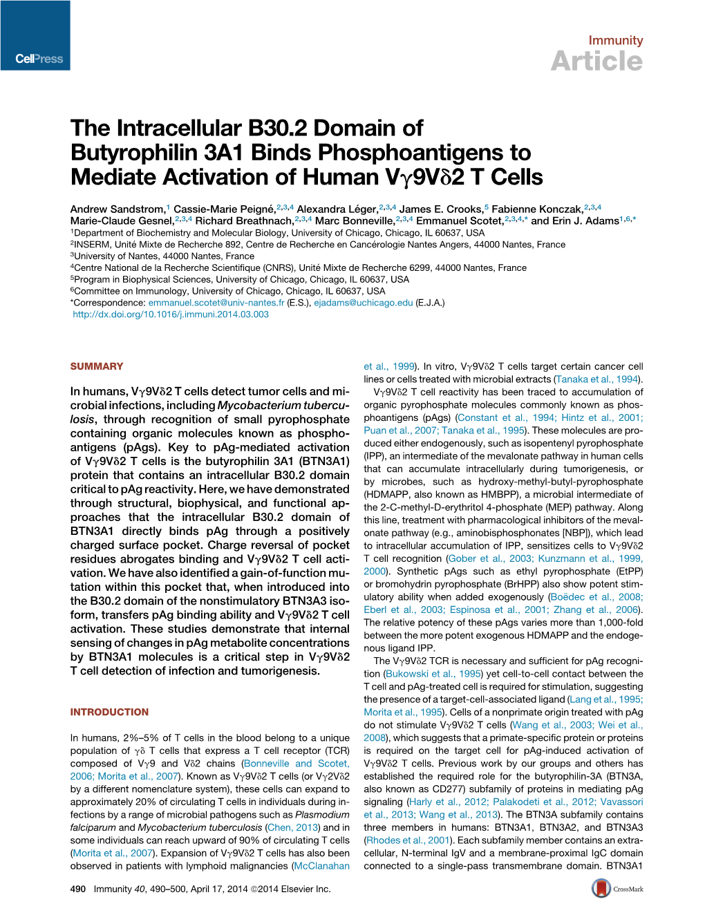 The Intracellular B30.2 Domain of Butyrophilin 3A1 Binds Phosphoantigens to Mediate Activation of Human Vg9vd2tcells