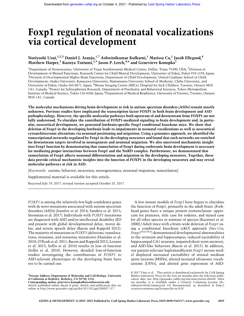 Foxp1 Regulation of Neonatal Vocalizations Via Cortical Development