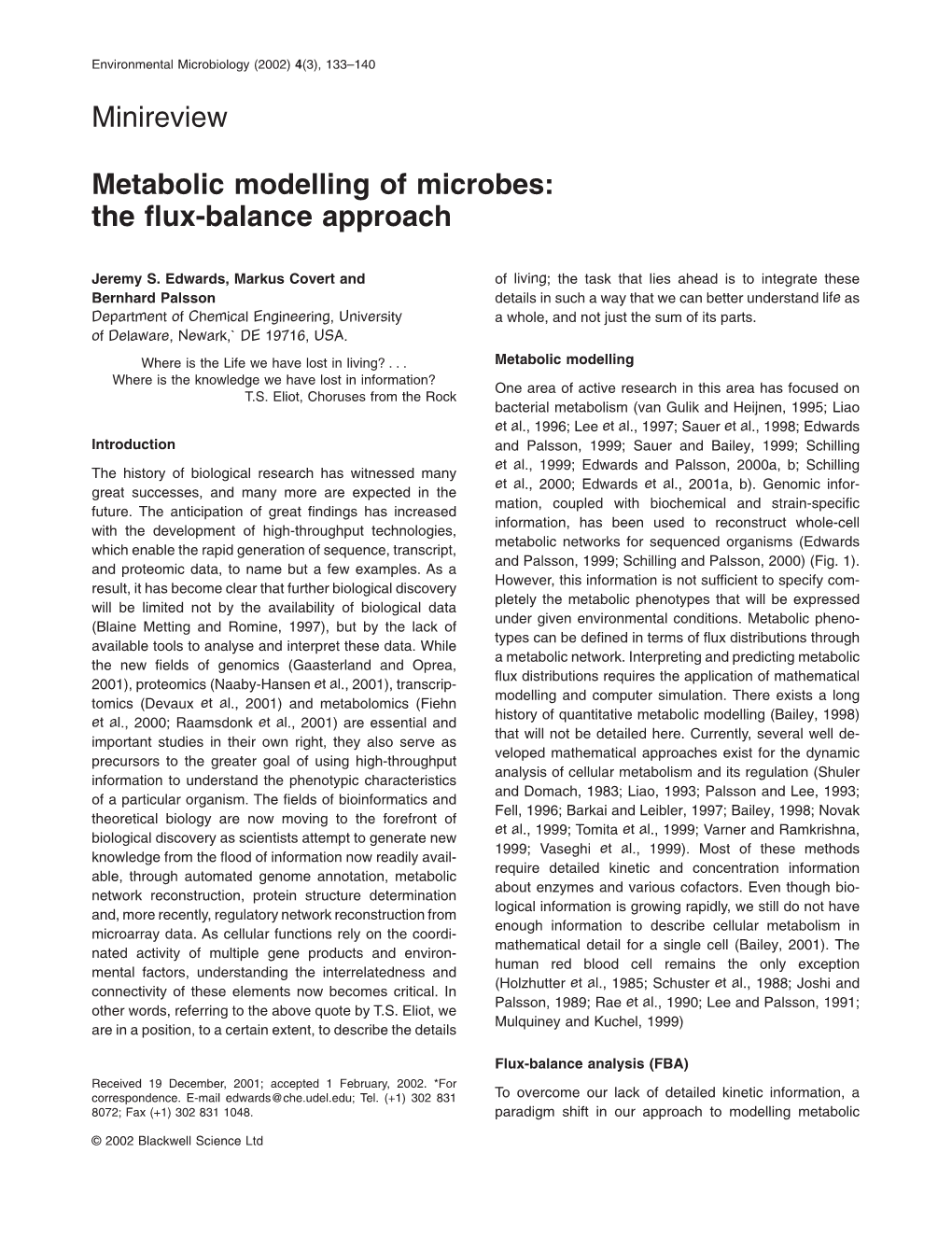 Minireview Metabolic Modelling of Microbes: the Flux-Balance Approach