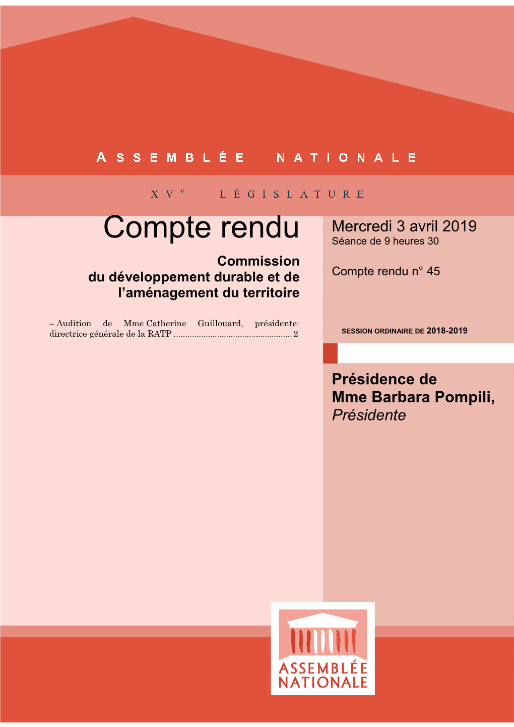 Compte Rendu Séance De 9 Heures 30 Commission Du Développement Durable Et De Compte Rendu N° 45 L’Aménagement Du Territoire