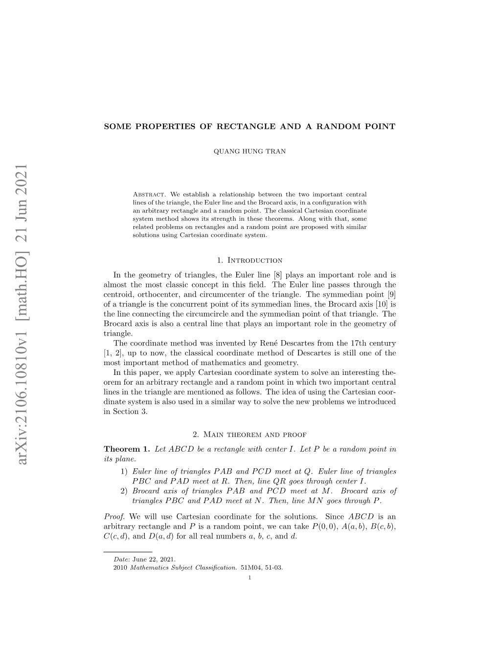 Some Properties of Rectangle and a Random Point