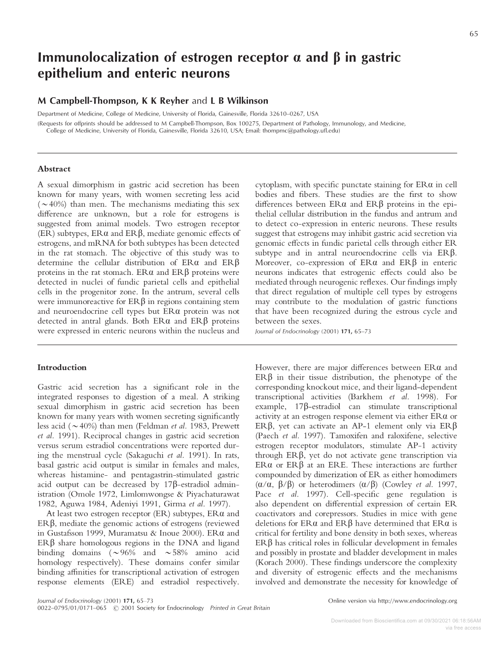 Immunolocalization of Estrogen Receptor Α and Β in Gastric Epithelium and Enteric Neurons