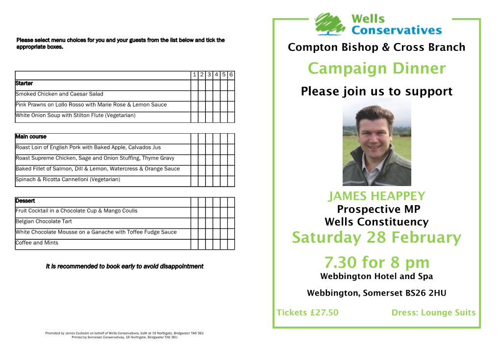 Campaign Dinner Saturday 28 February 7.30 for 8 Pm