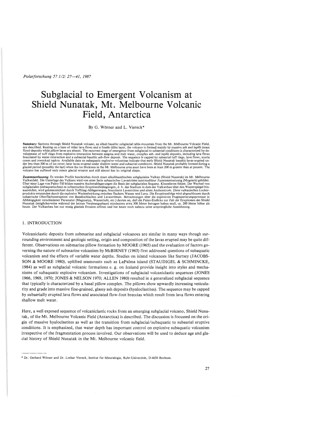 Subglacial to Emergent Volcanism at Shield Nunatak, Mt. Melbourne Volcanic Field, Antarctica