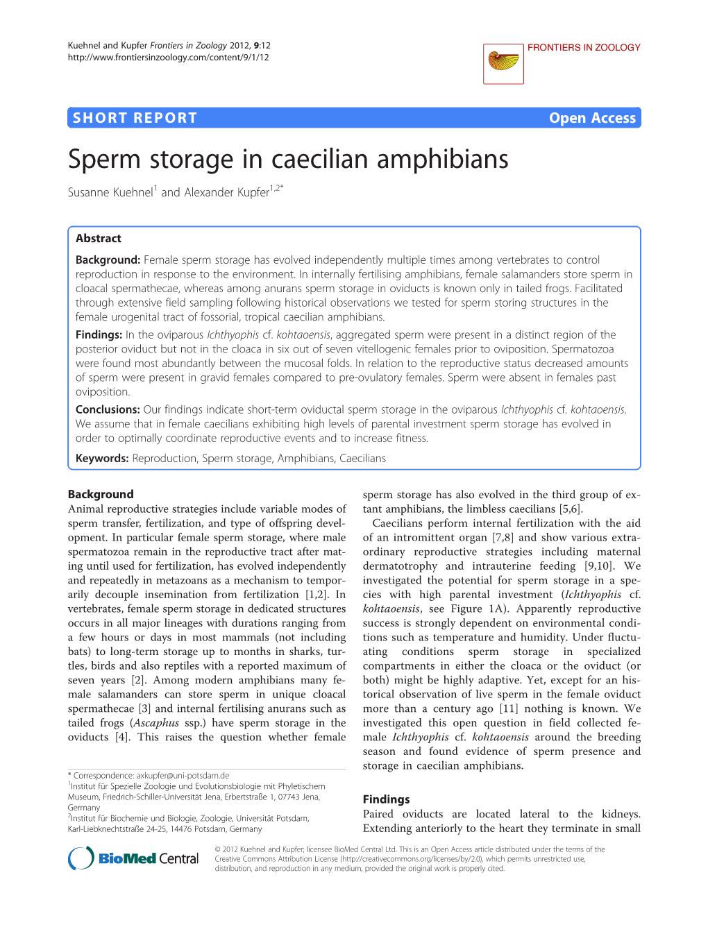 Sperm Storage in Caecilian Amphibians Susanne Kuehnel1 and Alexander Kupfer1,2*