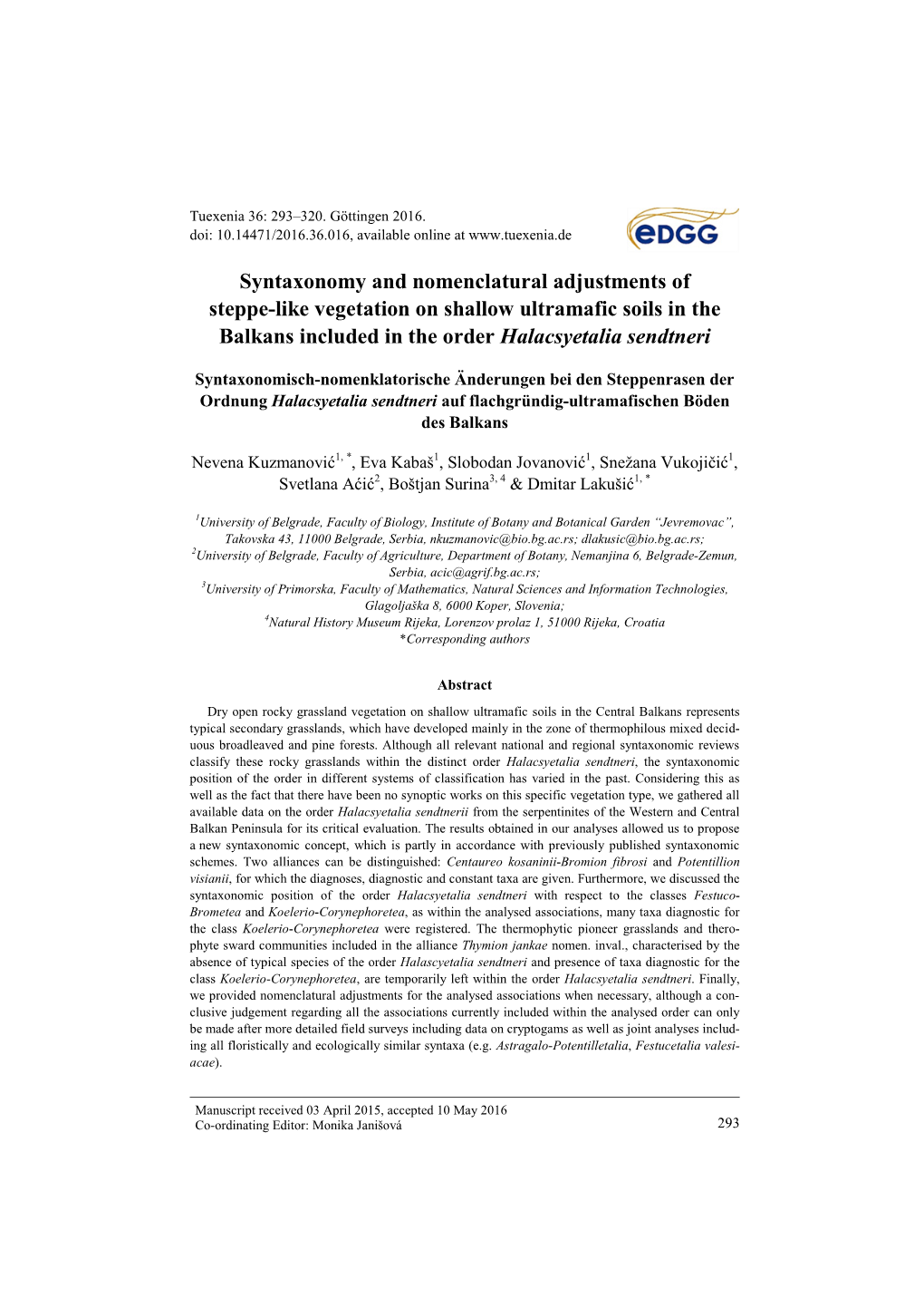 Syntaxonomy and Nomenclatural Adjustments of Steppe-Like Vegetation on Shallow Ultramafic Soils in the Balkans Included in the Order Halacsyetalia Sendtneri