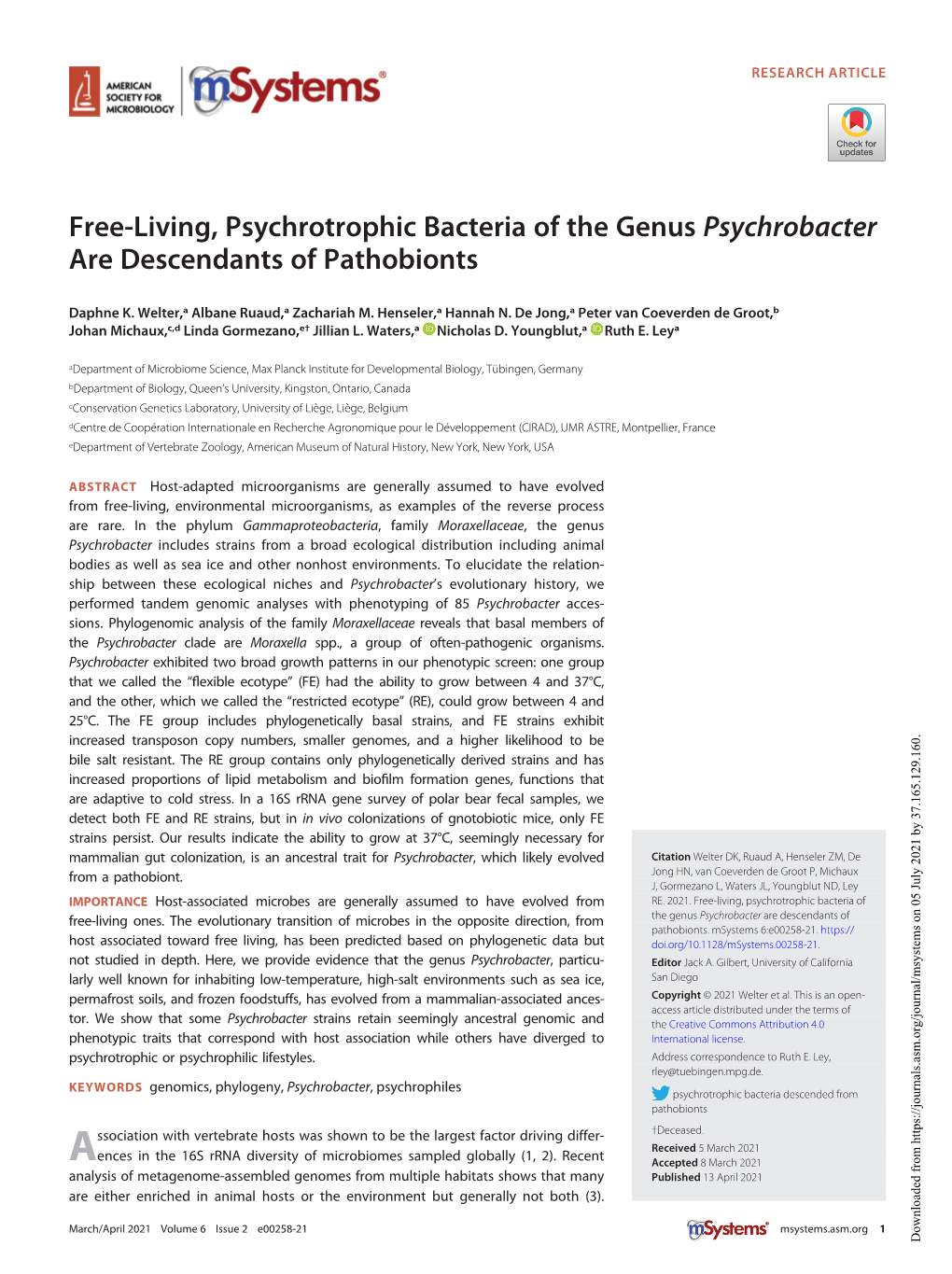 Free-Living, Psychrotrophic Bacteria of the Genus Psychrobacter Are Descendants of Pathobionts