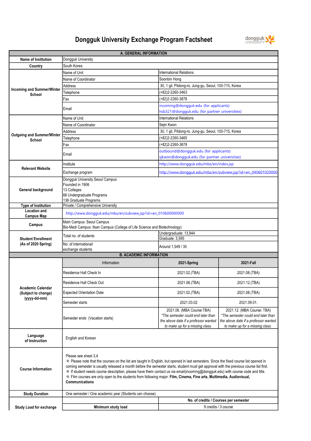 Dongguk University Exchange Program Factsheet