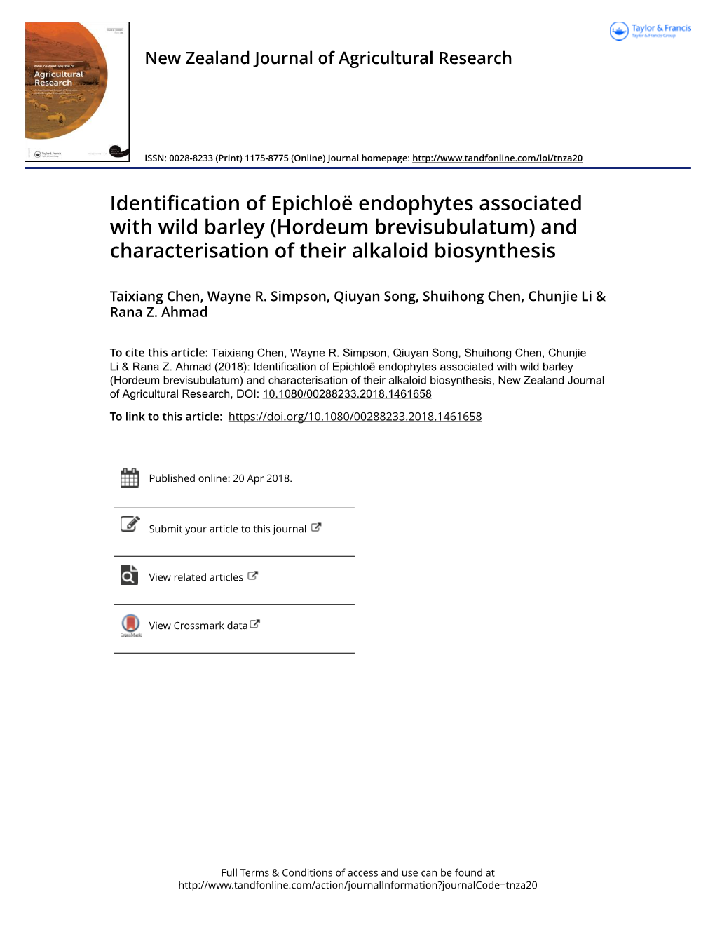 Identification of Epichloë Endophytes Associated with Wild Barley (Hordeum Brevisubulatum) and Characterisation of Their Alkaloid Biosynthesis