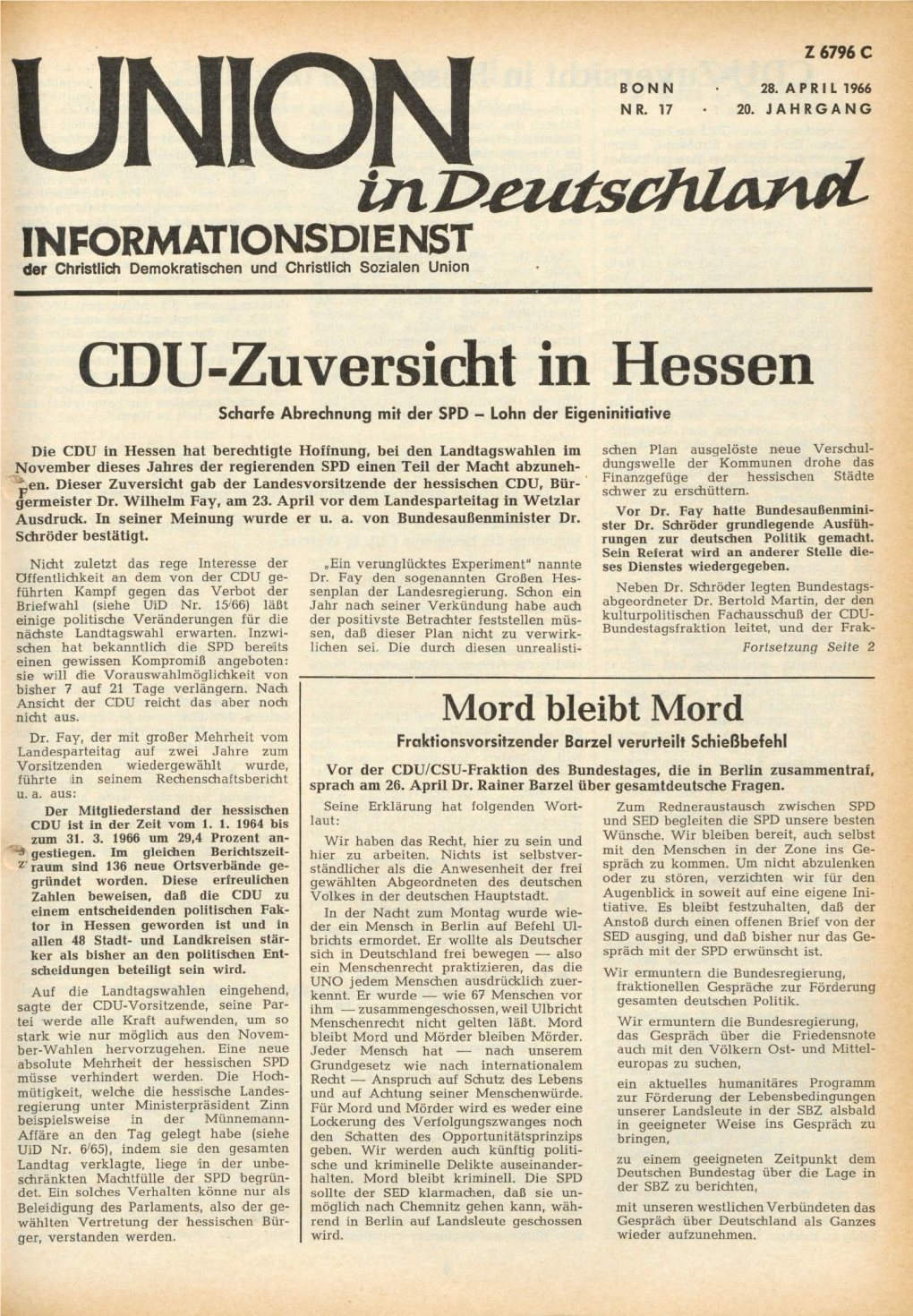 UID Jg. 20 1966 Nr. 17, Union in Deutschland