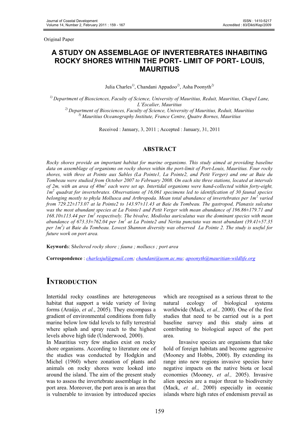 A Study on Assemblage of Invertebrates Inhabiting Rocky Shores Within the Port-Limit of Port-Louis, Mauritius