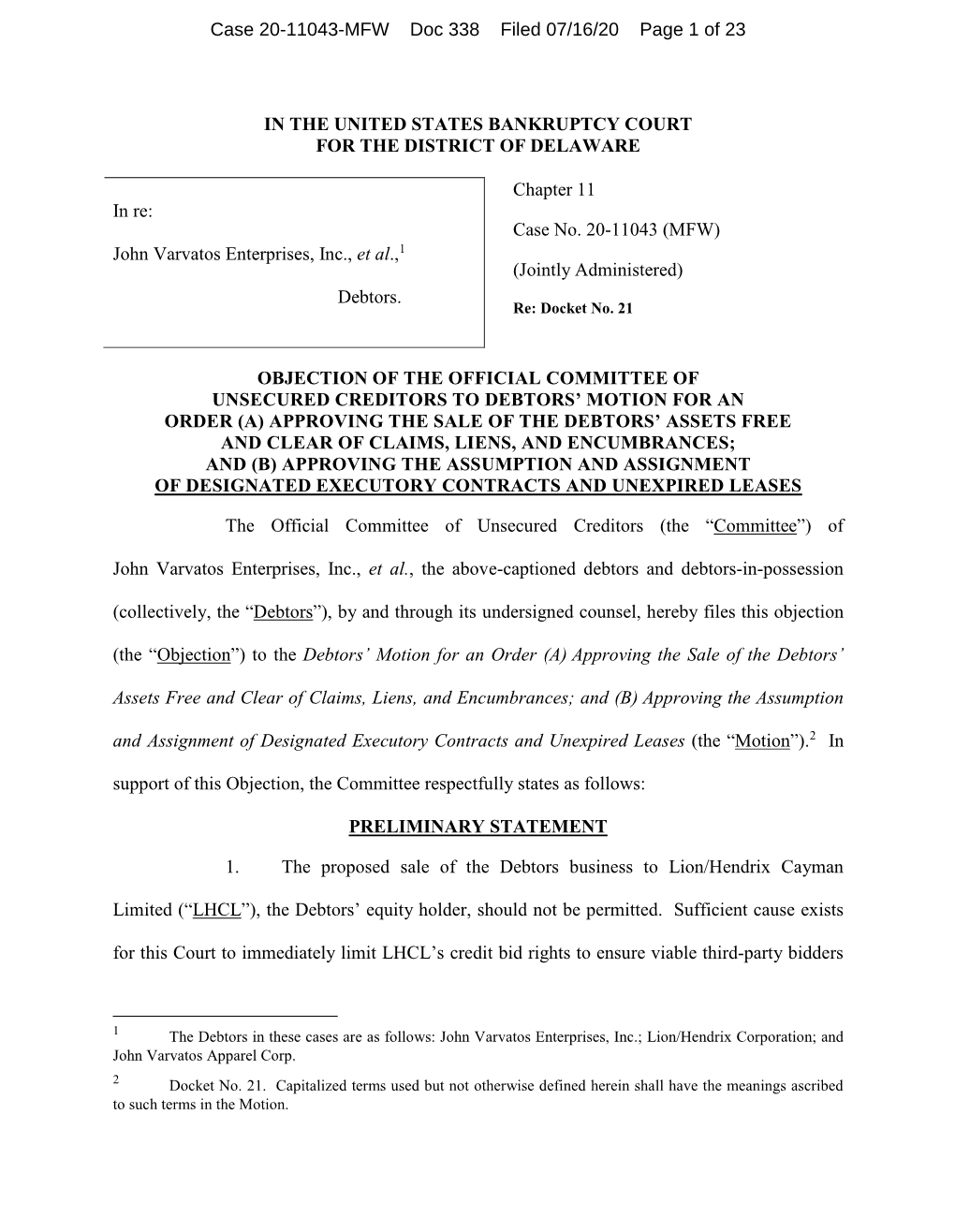 Case 20-11043-MFW Doc 338 Filed 07/16/20 Page 1 of 23